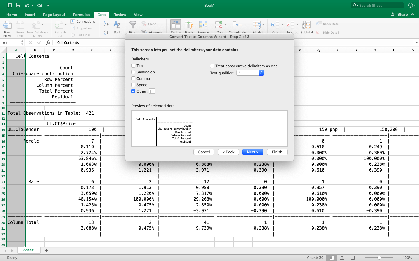 Cross Tabulation R Studio figure 3 go to the data tab and set option to delimit by character